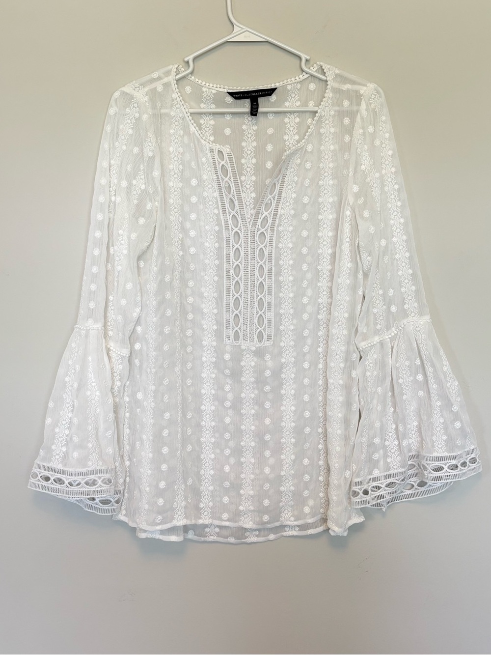 White House Black Market White Boho Blouse M Embroidered Bell Sleeve Lace Sheer